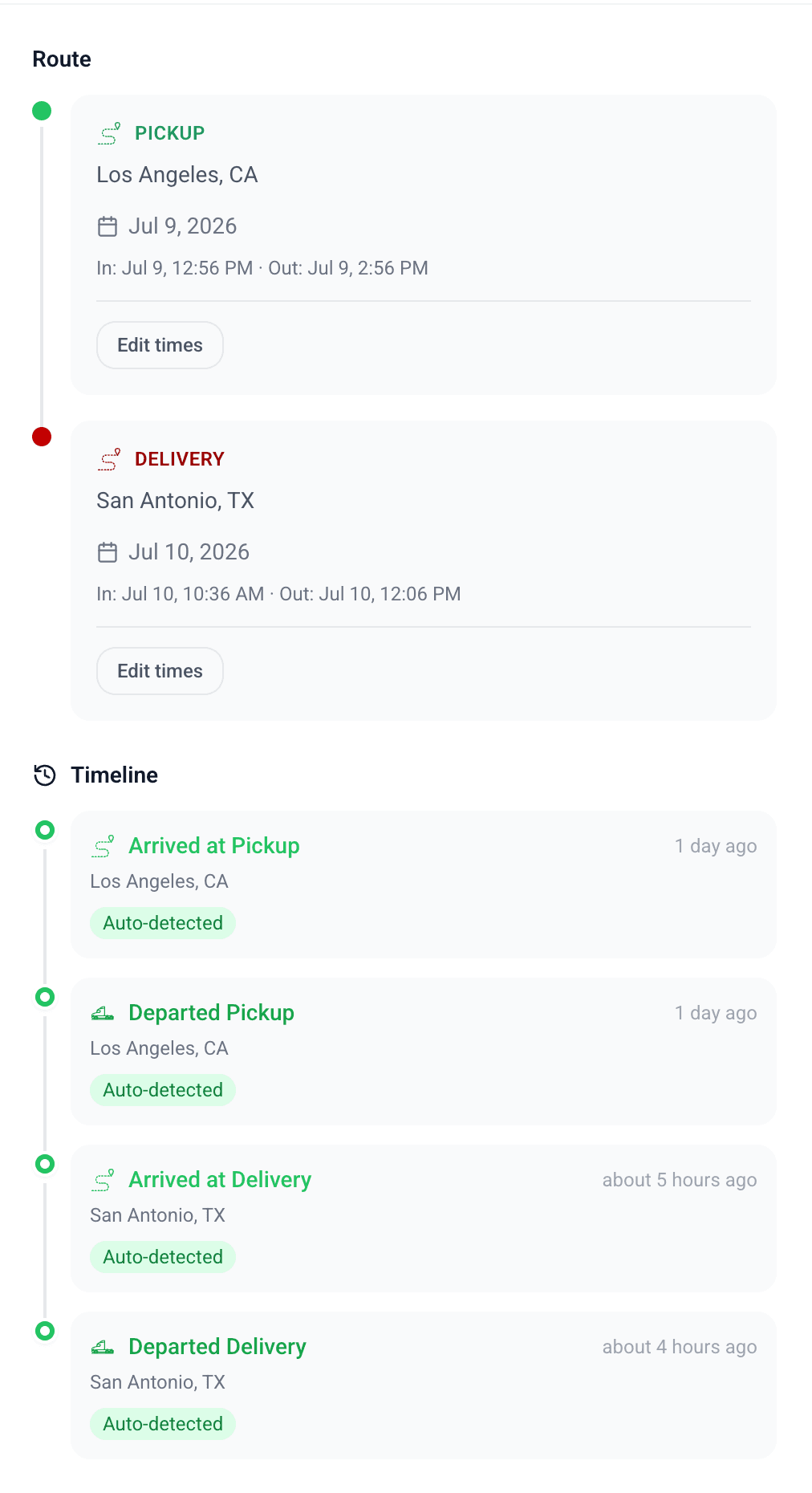 Stop timeline with auto-detected arrivals and departures