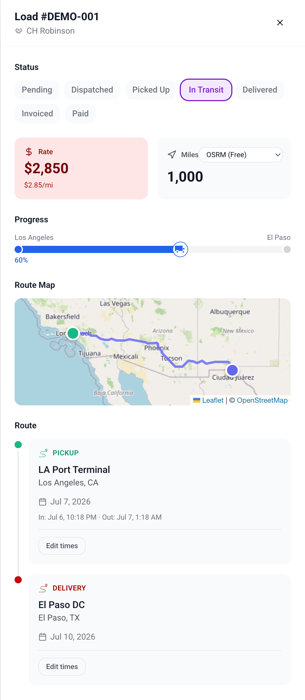 Load record in transit with progress bar and route map