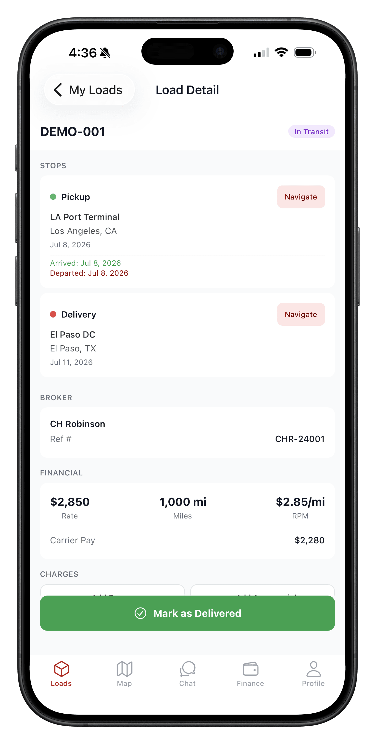 Driver app load detail with stops, carrier pay, and a mark as delivered action
