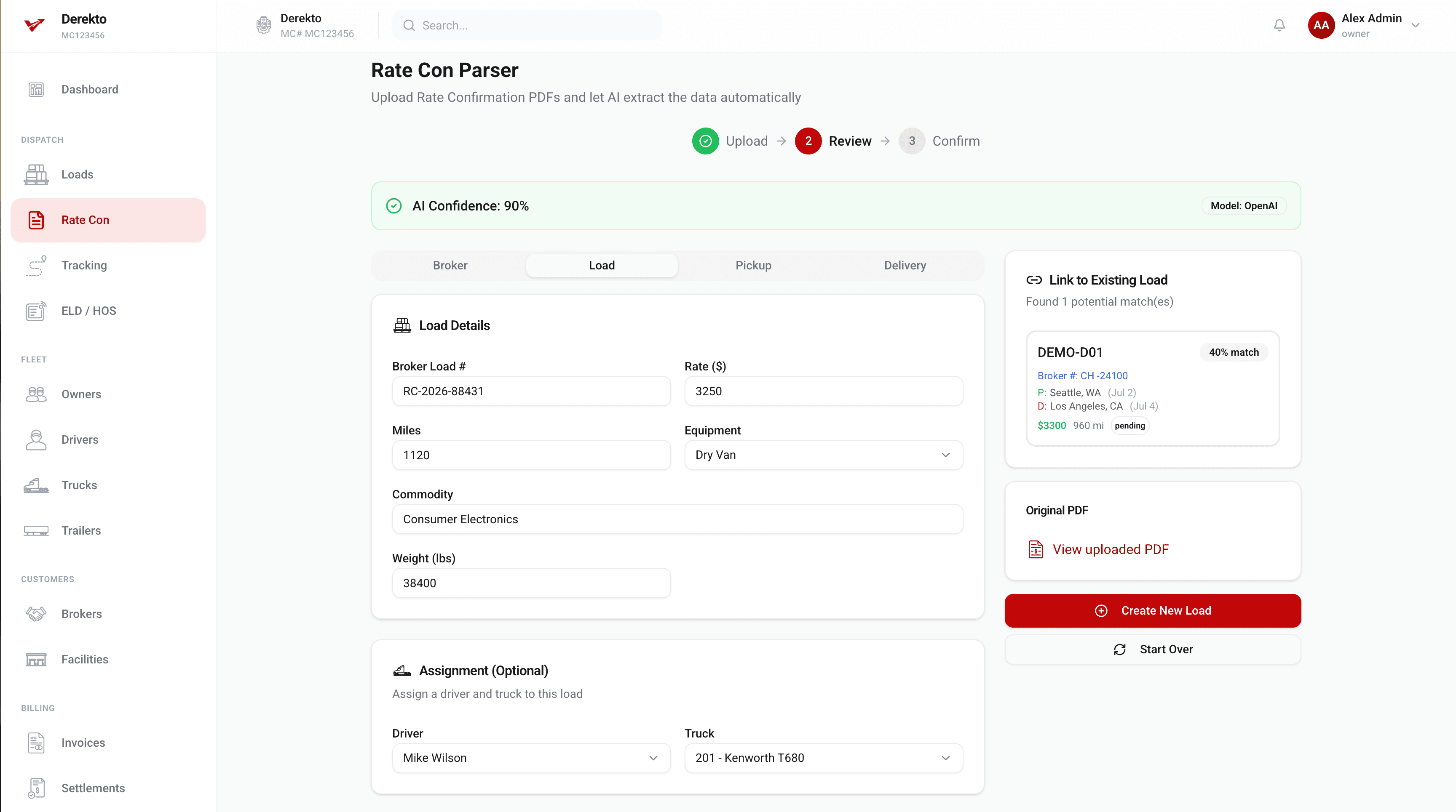 Rate Con Parser extracting load fields from an uploaded PDF