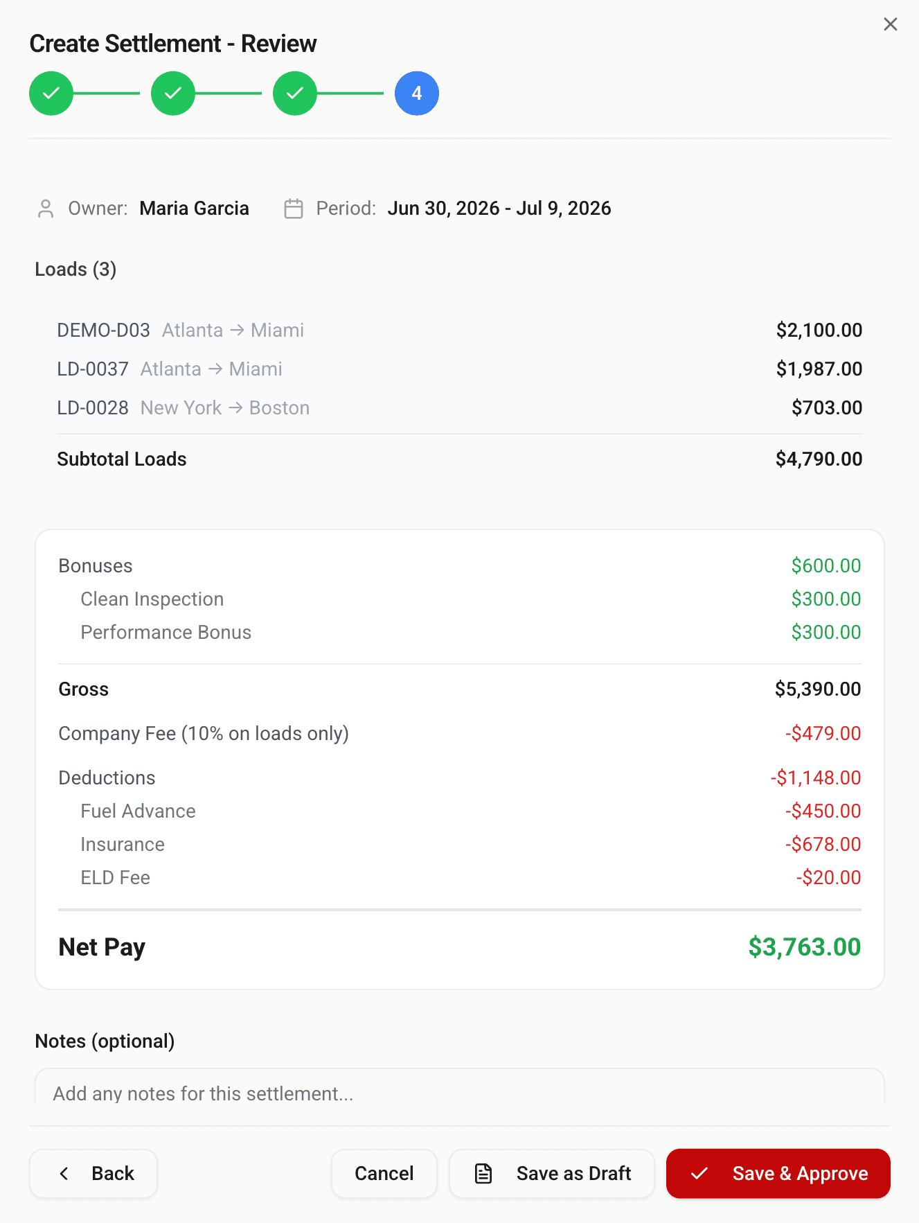 Settlement review with loads, deductions, and net pay