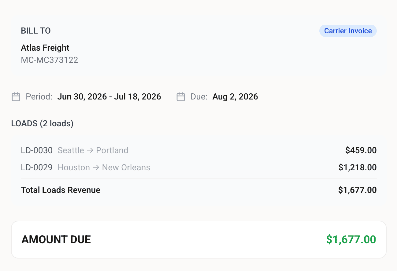 Carrier invoice to a broker