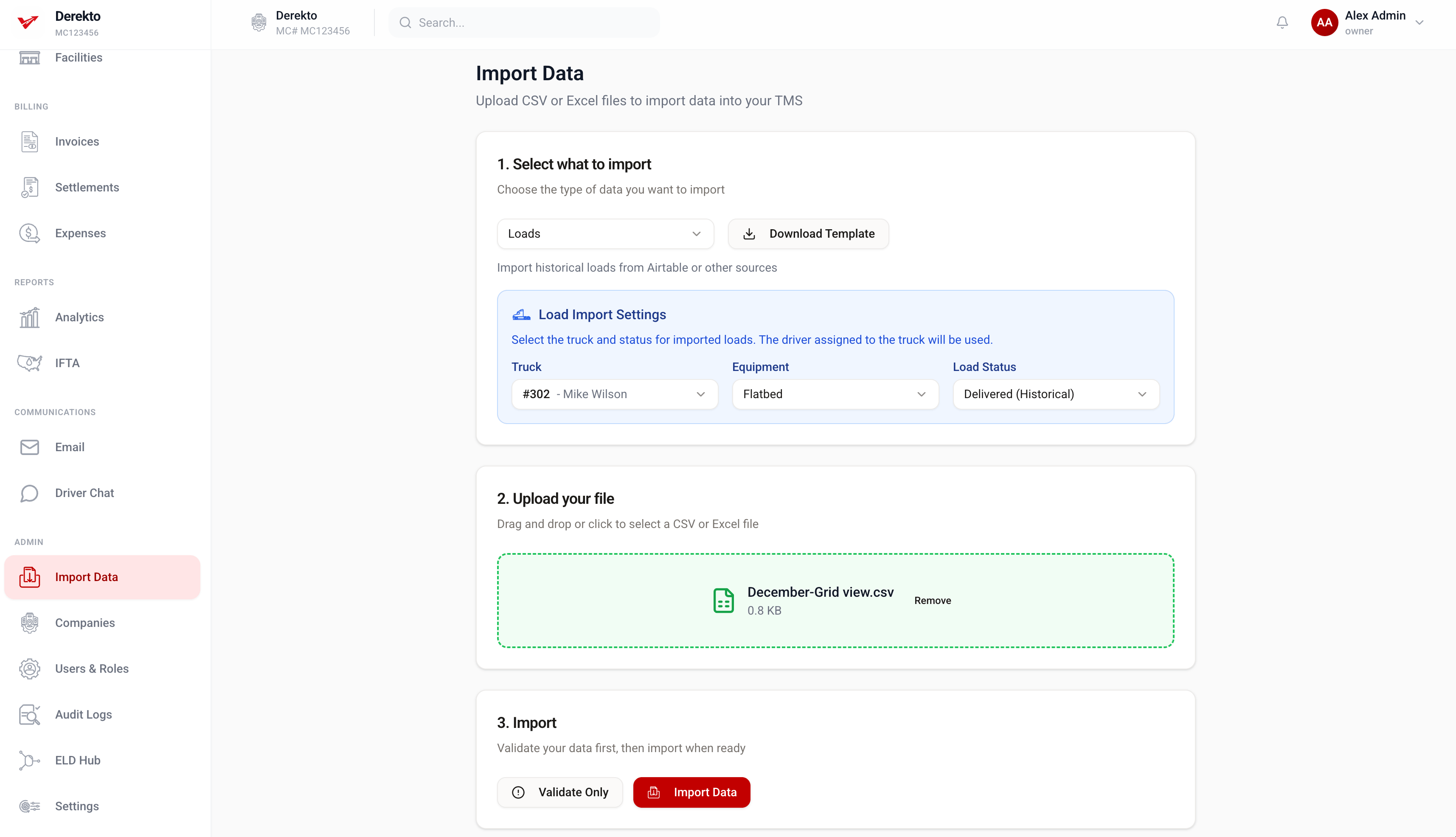 Importing historical data into a carrier TMS: choose what to import, upload a CSV or Excel file, then validate before running the import. Shown in Derekto.