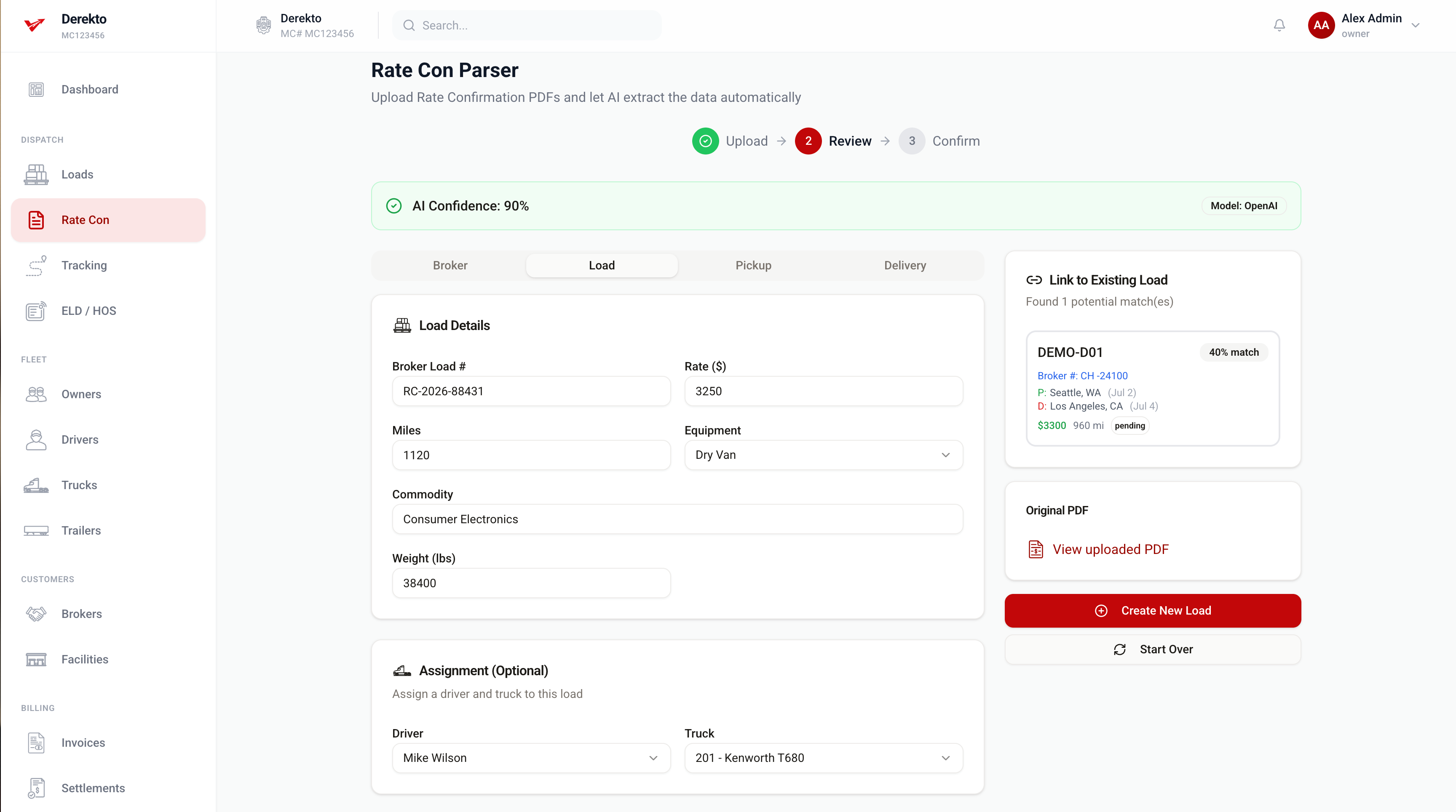 Testing one real task end to end: a rate confirmation uploaded and read automatically, with the extracted load details ready to review. Shown in Derekto.